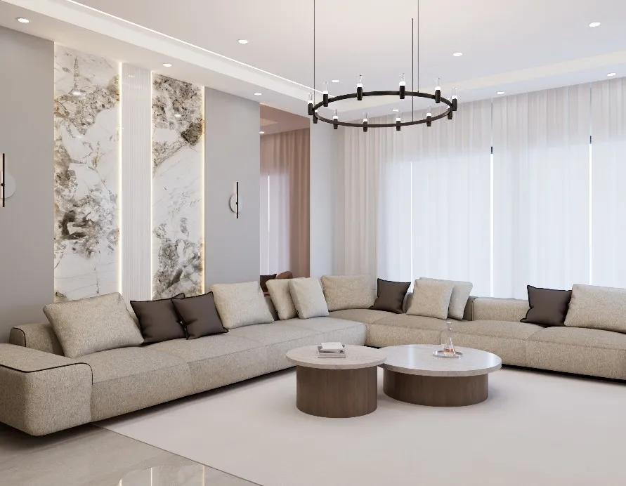 Rendu 3D du séjour d’une maison conçue par Armonia — rendu 3D, vue d'ensemble