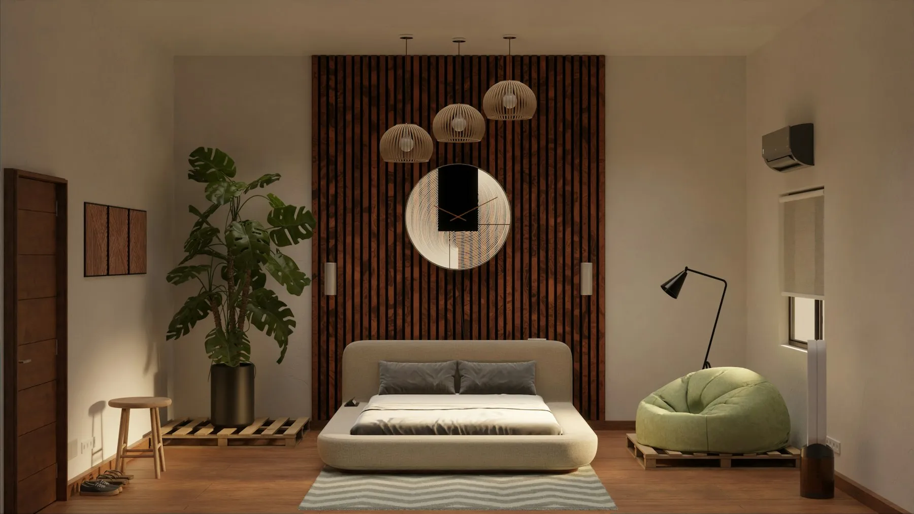 Chambre aux tons chauds avec tête de lit en lattes de bois